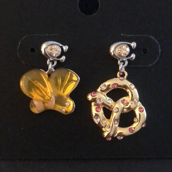 Coach Bumblebee & Pretzel Mismatch Drop Earrings With Signature C & Crystal NWT - Picture 5 of 13